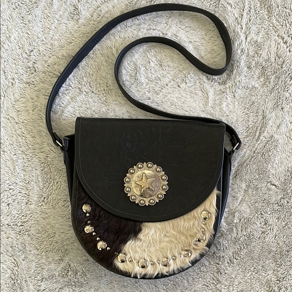 Vintage Touiled Black and Cream Leather Satchel Bag with Conchos Cowhide